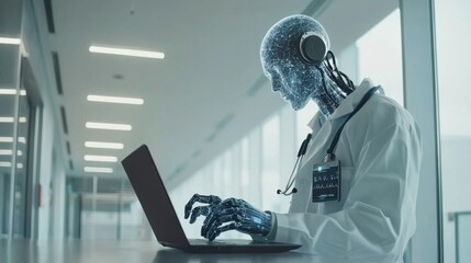 Poster - Futuristic Robot Doctor Working on a Laptop
