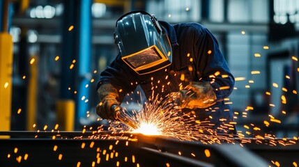 Poster - A focused shot of a welder wearing protective gear amid sparks, Welding site scene, Industrial craftsmanship style