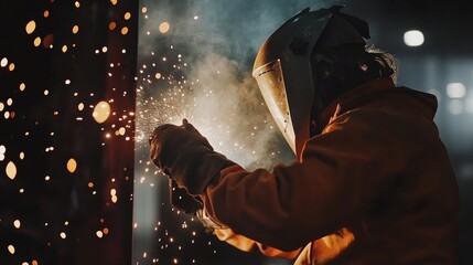 Poster - A focused shot of a welder wearing protective gear amid sparks, Welding site scene, Industrial craftsmanship style