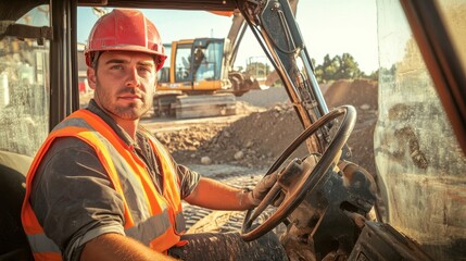 Poster - A heavy equipment operator in a red safety helmet and orange vest, sitting in an excavator cabin, looking directly at the camera