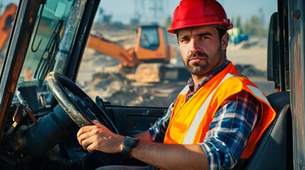 Poster - A heavy equipment operator in a red safety helmet and orange vest, sitting in an excavator cabin, looking directly at the camera