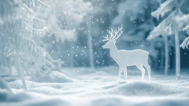 Delicate paper cut reindeer against a snowy forest background layered winter art