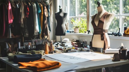 Poster - A high-end fashion studio with mannequins and fabric rolls, Fashion designer in stylish attire sketching new clothing designs, Fashion studio scene