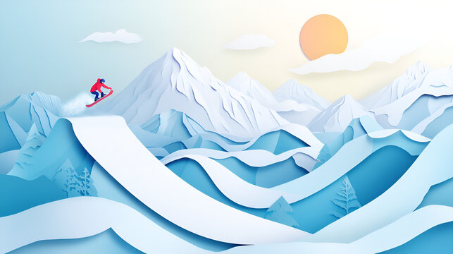 Delicate papercut mountain scene with snowboarders catching air above frosty peaks vibrant and thrilling
