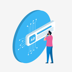 Poster - AI in marketing and PPC advertising concept. Man engaging with digital ppc ads. Contextual targeting, artificial intelligence, audience engagement, brand promotion and data-driven advertising visual