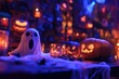© vefimov - Halloween theme with decorative items like a ghost, jack-o'-lanterns, and candles.