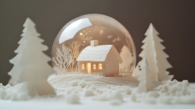 Delicate papercut snow globe with a cozy winter cabin inside snowy landscape surrounding