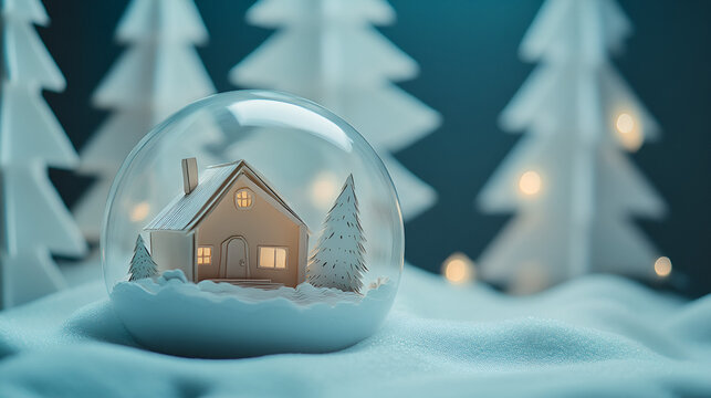 Delicate papercut snow globe with a cozy winter cabin inside snowy landscape surrounding