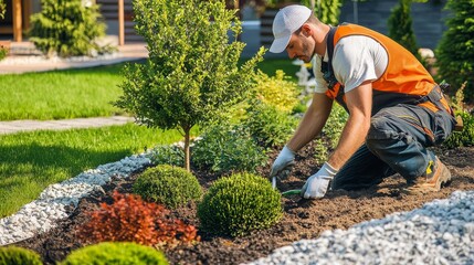 Poster - A landscaper planting trees and shrubs in a newly designed garden, surrounded by gardening tools and soil, Landscaping scene