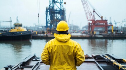 Poster - A marine construction worker in a yellow raincoat and helmet, standing on a dock with a large crane and barges in the background, Marine construction scene