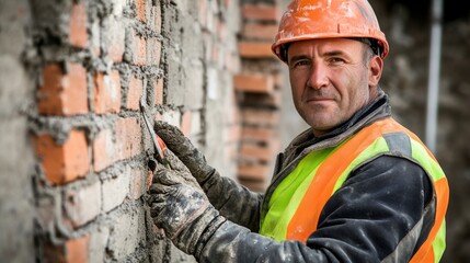 Poster - A mason in a reflective jacket and helmet, holding a trowel and looking confidently at the camera, with bricks and a partially constructed wall behind