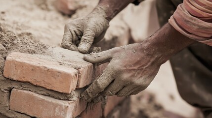 Poster - A mason laying bricks with mortar, focusing on the intricate craftsmanship and attention to detail, Masonry work scene