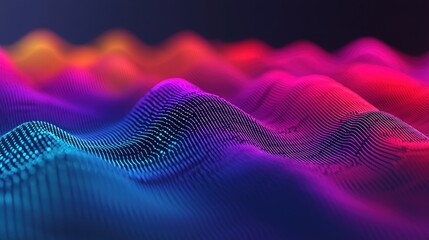Fototapete - A vibrant digital landscape of waves created by colorful dots, showcasing a fluid, abstract representation of sound or data.