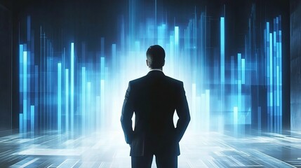 Poster - A Businessman Observing Digital Data Visualizations in a Futuristic Environment Indicating Progress and Innovation in Technology