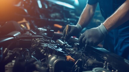 Poster - A mechanic working on a car engine in a busy auto repair shop, with tools and car parts scattered around, Auto repair shop scene