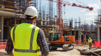 Poster - A modern construction site with cranes and scaffolding, Construction worker in reflective vest and hard hat operating heavy machinery, Construction site scene