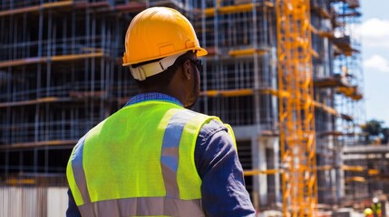 Poster - A modern construction site with cranes and scaffolding, Construction worker in reflective vest and hard hat operating heavy machinery, Construction site scene