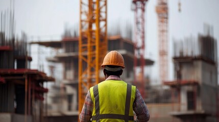 Poster - A modern construction site with cranes and scaffolding, Construction worker in reflective vest and hard hat operating heavy machinery, Construction site scene