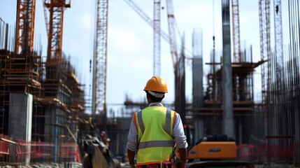 Poster - A modern construction site with cranes and scaffolding, Construction worker in reflective vest and hard hat operating heavy machinery, Construction site scene