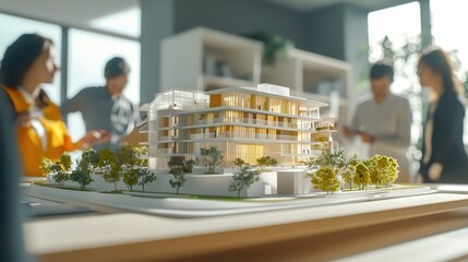 Poster - Architectural Model Displayed in Office Setting with Professionals Discussing Design and Planning for Modern Building Development