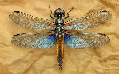 Colorful dragonfly with spread wings on a textured background.