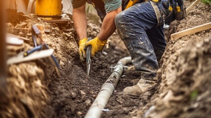 Poster - A plumber fitting pipes in a trench with tools and construction materials around, Plumbing installation scene, Technical and hands-on style