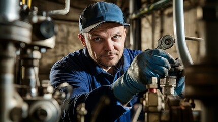 Poster - A plumber in a blue uniform and protective gloves, tightening a pipe wrench and looking into the camera, with various plumbing fixtures and a basement setting in the background