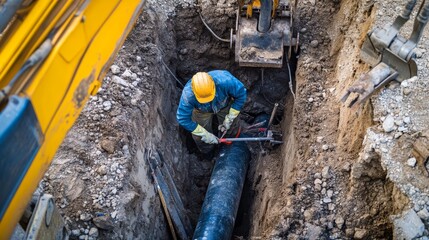 Poster - A plumber inspecting and repairing pipes in a trench with construction equipment nearby, Plumbing repair scene, Infrastructure maintenance style