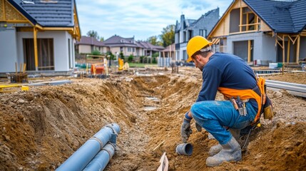 Poster - A plumber inspecting pipes in a trench on a residential construction site, with housing frames and construction materials nearby, Plumbing installation scene