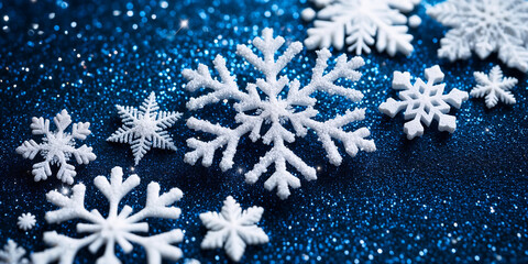 Wall Mural - magical white snowflakes over glitter blue dark background