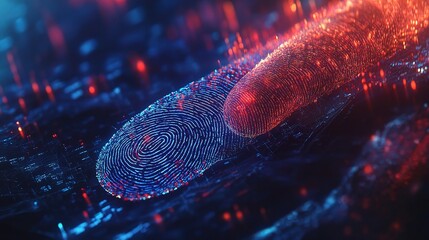 Poster - Futuristic Digital Fingerprint Analysis with Vivid Coloration and Data Visualization Elements Representing Identity Security and Technology