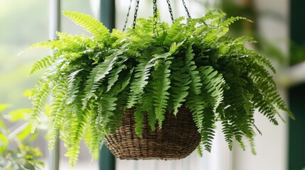 Wall Mural - Lush Green Fern Plant in a Woven Hanging Basket, Perfect for Home Decor and Natural Aesthetics in Indoor Spaces, Showcasing Vibrant Foliage and Tranquil Ambiance