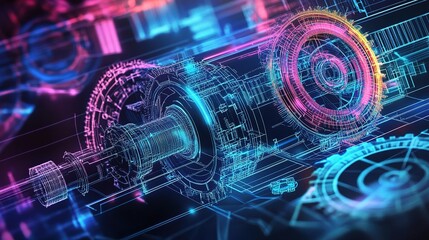 Poster - Futuristic Blueprints of Mechanical Gears with Neon Elements and Digital Connections Illustrating Engineering and Technology Innovation
