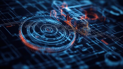 Poster - Futuristic Abstract Technology Blueprint with Circular Shapes and Neon Glow Effects on a Dark Background for Digital Design and Innovation Concepts