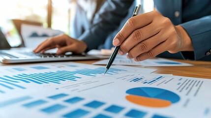 Poster - business professionals analyzing financial reports and data charts in modern office setting with lap