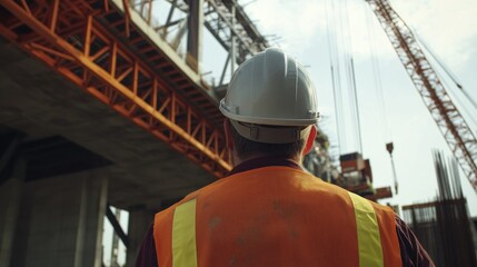 Poster - A portrait of a structural engineer inspecting a bridge under construction, with steel beams and cranes in the background, Bridge construction scene