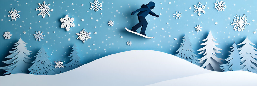Mini snowboarder jumping over papercut hills with a background of woven fir trees and snowflakes playful winter fun
