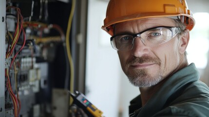 Poster - A portrait of an electrician in a hard hat and safety glasses, holding a voltage tester and looking at the camera, with an open electrical panel in the background
