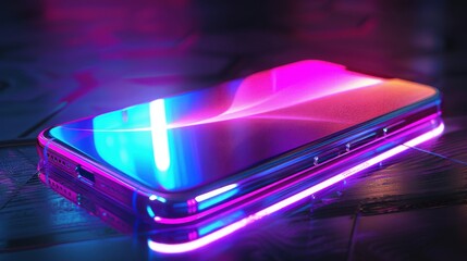 Poster - Colorful Smartphone on Glossy Surface with Neon Lights
