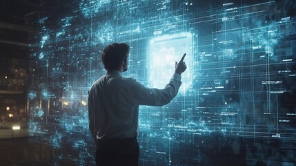 Poster - Businessman Interacting with Digital Interface in Futuristic Environment, Exploring Data Visualization and Technology Innovations for Modern Enterprises