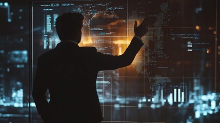 Poster - Business Professional Presenting Data Insights in a Modern Office with High-Tech Digital Displays and Interactive Graphs in the Background