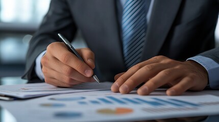 Poster - business professional writing notes on financial documents with charts and graphs in modern office e