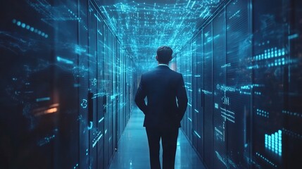 Poster - Professional business person walking in a modern data center with digital technology overlay, reflecting innovation, cybersecurity, and data management solutions in the digital age.