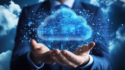 Poster - Man in Suit Gestures with Cloud Technology Visualization Above Hands Surrounded by Digital Elements and Clouds Representing Modern Data Storage Solutions