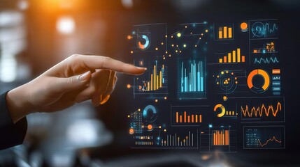 Poster - Futuristic User Interface with Touchscreen Interactions Demonstrating Data Visualization and Analytics Metrics in a Dark Setting