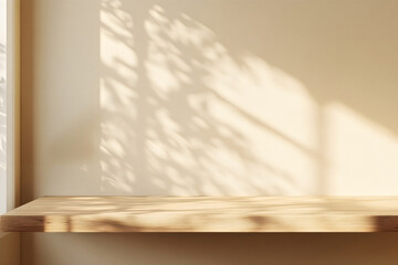 Wall Mural - Wooden shelf with natural light from window with leaves shadows on beige wall for cozy and minimal design