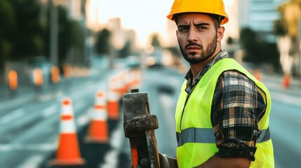 Aufkleber - A road worker in a yellow reflective vest and hard hat, holding a jackhammer, looking seriously at the camera