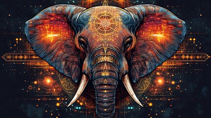 Wall Mural - Ornate elephant head, vibrant colors, intricate design, cosmic background.