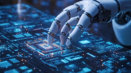 Poster - Robotic Hand Interacting with a Futuristic Circuit Board, Represents Technology Integration, Artificial Intelligence, and Advanced Computing Concepts