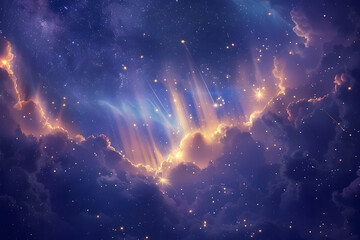 Wall Mural - celestial sky with golden constellations and swirling nebula clouds under starry night.